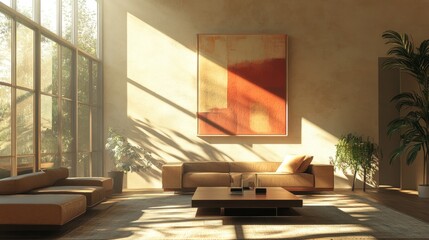 Fototapeta premium Minimalist earth-tone living room, warm and inviting, cozy seating, abstract wall decor, natural light through large windows