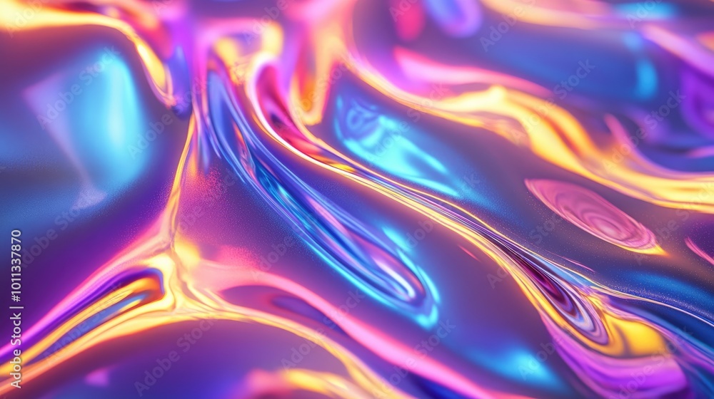 Aufkleber 3D render of an abstract background featuring iridescent holographic foil wavy patterns fluid ripples and a shimmering metallic surface in vibrant hues ideal for creative uses in fashion and web de