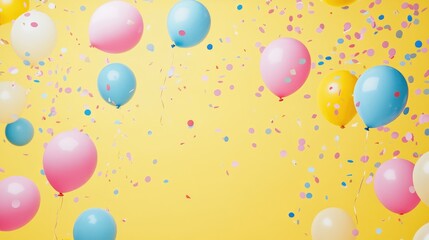 Bright Yellow Backdrop Featuring a White Border Soft Pink and Blue Balloons and Vibrant Confetti Perfect for Various Celebrations and Events