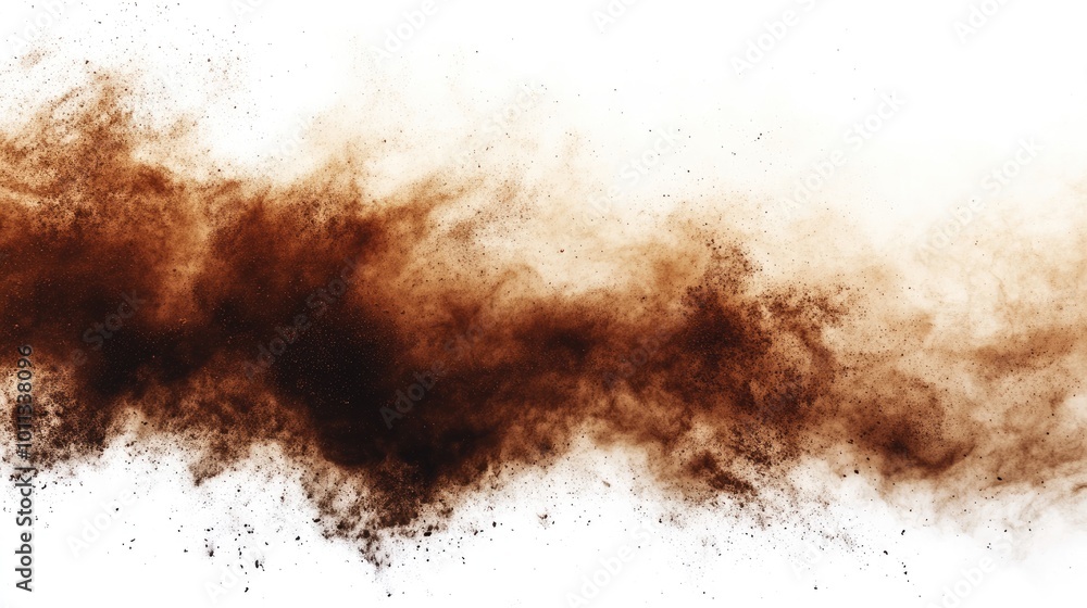 Poster A vibrant explosion of brown dust forms striking patterns on a white backdrop ideal for a range of creative endeavors