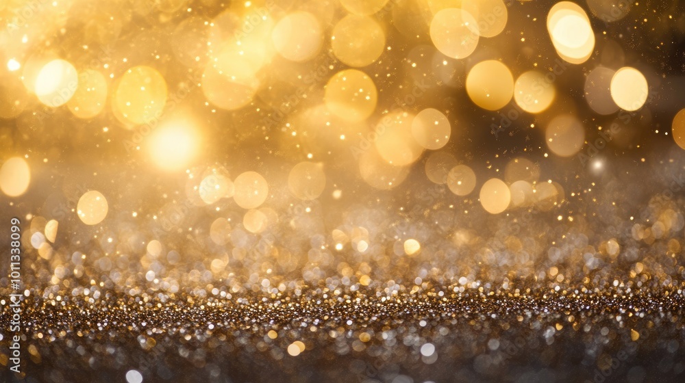 Poster Abstract shimmering gold bokeh background with glitters and ample white space for text