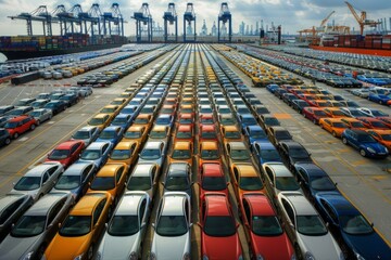A vibrant aerial view of a car storage lot filled with rows of vehicles in various colors. The scene showcases modern industry and logistics.