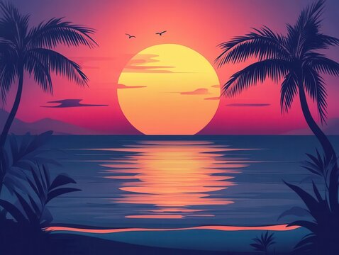sunset over the sea flat design front view evening beach cartoon drawing Splitcomplementary color scheme