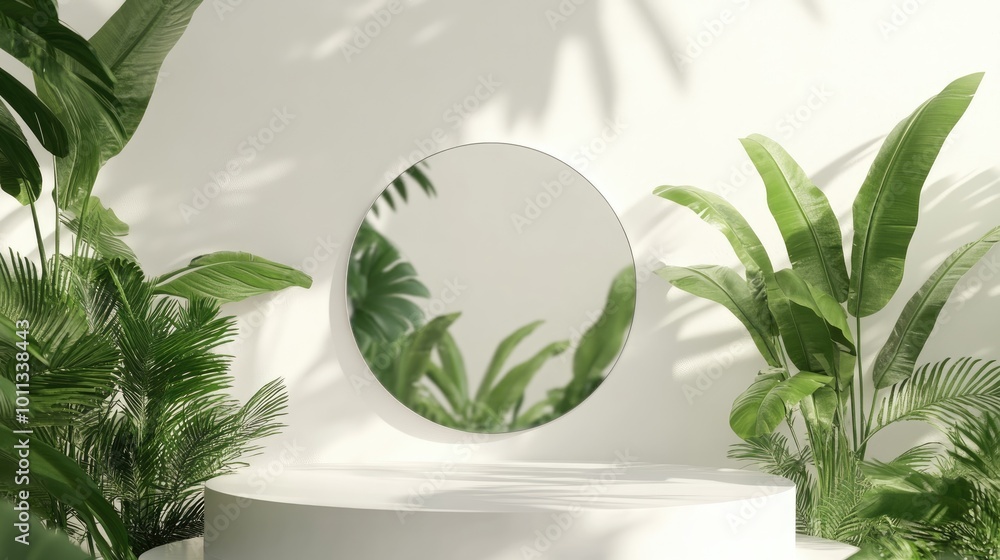 Poster 3d render of a blank white round display stand featuring a clear mirror effect glass shower screen a