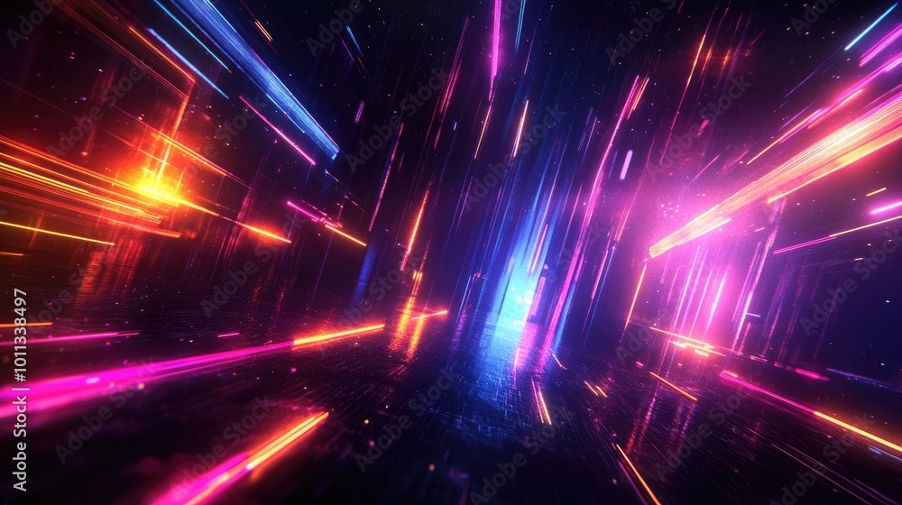 Poster Abstract glowing straight lines on a vibrant background in a dark setting