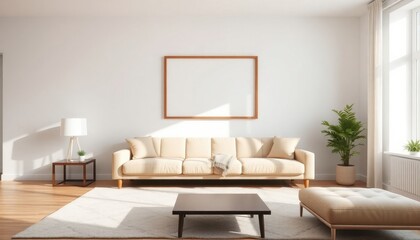 Cozy living room interior featuring a plush sofa and a stylish coffee table, bathed in natural light.