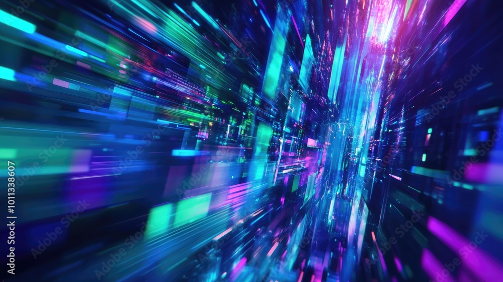 Aufkleber Abstract background in blue green and purple featuring intertwined digital glitch and distortion effects Emphasizing a futuristic cyberpunk design with retro rave elements