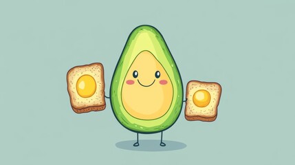 A happy avocado cartoon character with arms holding two slices of toast with fried eggs on them.