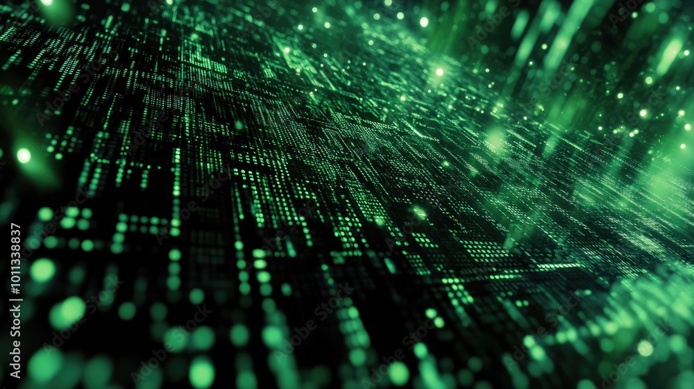 Poster Abstract texture showcasing a vast data background symbolizing the dynamic nature and framework of advanced technology in green and black tones