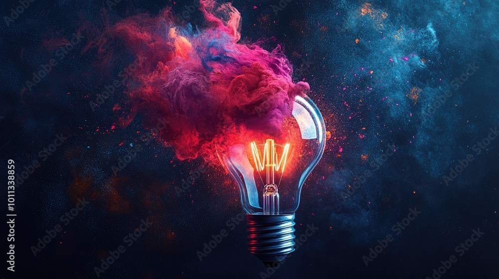 Poster creative explosion of vibrant paint from a light bulb symbolizing new ideas and brainstorming concep