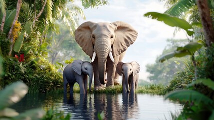 Fototapeta premium An elegant composition featuring a family of elephants gathered by a serene watering hole, with lush vegetation surrounding them. The soft, natural light highlights the textures of their skin and the