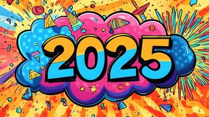 Fototapeta premium Banner New Year 2025 in pop art and comics book style.