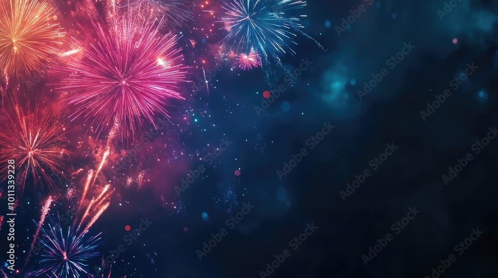 Poster Festive background banner for the New Year featuring a panoramic view of vibrant fireworks against a rustic dark night texture with space for text