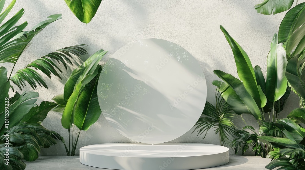 Poster 3d render of a blank white round display stand featuring a clear mirror effect glass shower screen a