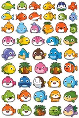 Fototapeta premium cute cartoon fish stickers on a single sheet