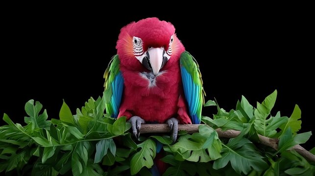 An elegant exotic parrot perched on a branch surrounded by lush green foliage, showcasing its vibrant feathers. The photograph captures the intricate details of the birds plumage and the richness of