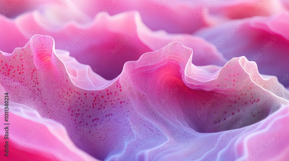 Poster 3D depiction of undulating pink forms conveying a feeling of depth and dynamic motion