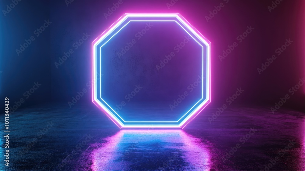 Aufkleber 3D render of a hexagonal frame in blue and pink neon creating an empty space illuminated by ultraviolet light evoking an abstract 80 s retro style for a fashion show stage backdrop