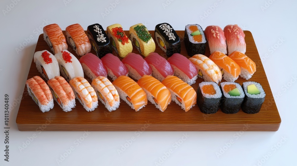 Poster 3D model showcasing an assortment of delicious sushi on a wooden plate Includes various types like tuna crab salmon eel and rolls