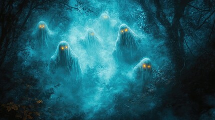 Fototapeta premium A haunting scene of various ghostly figures drifting through a misty forest, with glowing eyes and a dark, eerie Halloween atmosphere