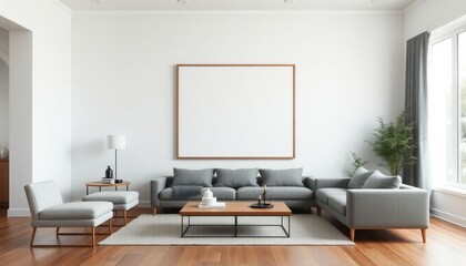 Fototapeta premium Airy Modern Living Room: A Serene Minimalist Haven Featuring Clean Lines and Soft Neutral Tones