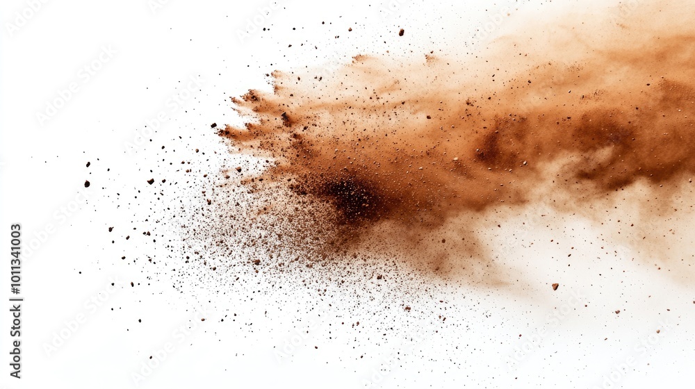 Poster A vibrant explosion of brown dust forms striking patterns on a white backdrop ideal for a range of creative endeavors