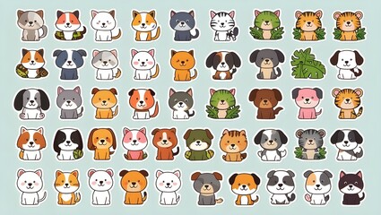 cute cartoon pets stickers on a single sheet