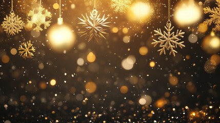 New Year celebration background featuring a panoramic view of golden fireworks sparkling light effects snowflakes and a bokeh ambiance against a dark night sky