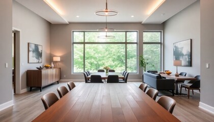 Fototapeta premium Open dining space with rustic wooden table set for a meal, bathed in warm, natural light filtering through large windows, showcasing an inviting and cozy atmosphere.