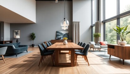 Fototapeta premium Cozy open dining area with an elegant wooden table surrounded by plush chairs, bathed in warm, natural light streaming through large floor-to-ceiling windows.