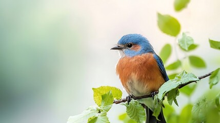 A close-up shot of a vibrant bluebird perched on a branch, surrounded by lush green leaves. The bird is feathers glisten in the sunlight, showcasing its intricate plumage. In the background, a softly