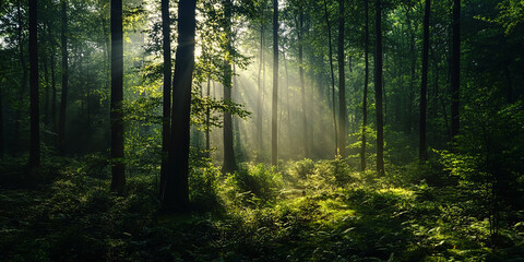 Obraz premium Ethereal enchanted forest with dense vegetation, towering trees, and a soft mist illuminated by magical light. Generative AI