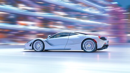 Obraz premium Sleek sports car speeding through a blurred cityscape at night, with motion blur and panning effect, ample copy space for text, high-end magazine photography, deep depth of field, Product photography