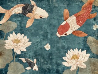A 1960s Japanese graphic designinspired image featuring koi fish swimming in a stylized pond, with minimalistic patterns and muted colors for a vintage feel
