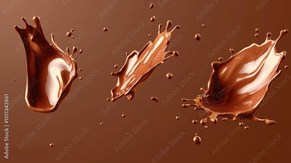 Poster collection of delectable splashes of melted chocolate isolated on a contrasting background