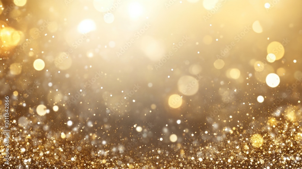 Poster Abstract shimmering gold bokeh background with glitters and ample white space for text