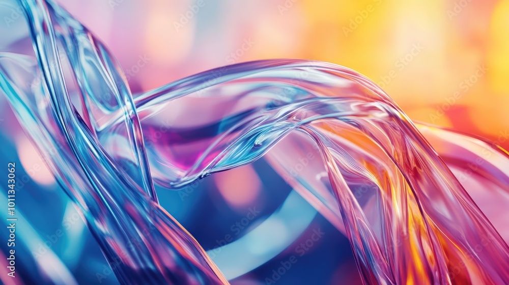 Poster Dynamic twisted plastic wraps with an abstract design against a blurred colorful background