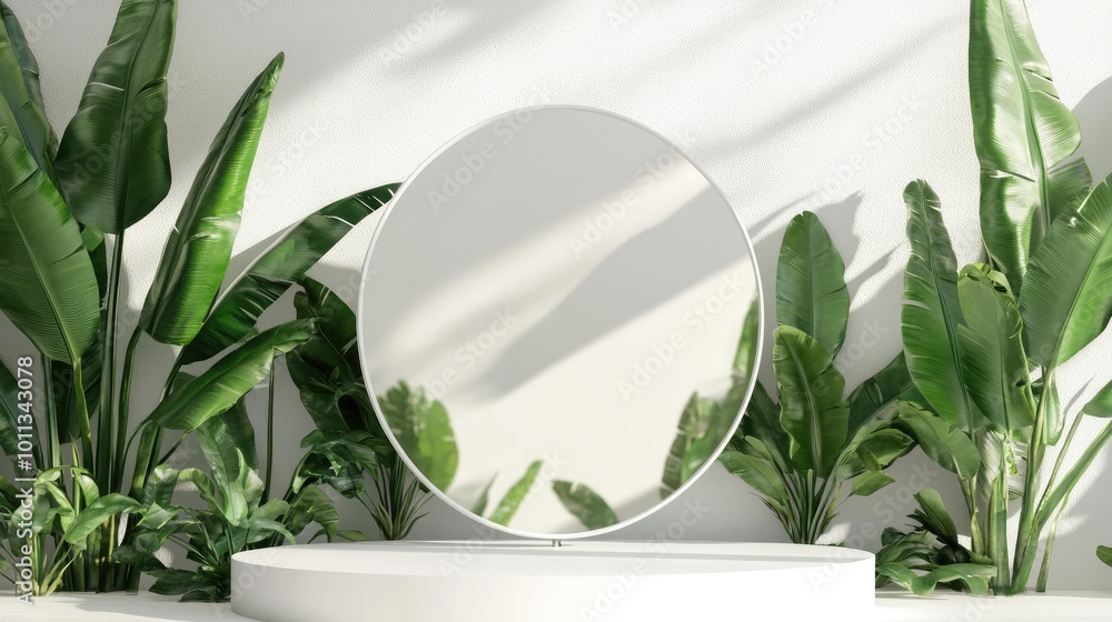 Poster 3D render of a blank white round display stand featuring a clear mirror effect glass shower screen and tropical green banana leaves Emphasizing natural beauty