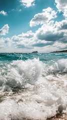 Fototapeta premium Photo of a turquoise sea with crashing waves, symbolizing the vastness and depth of oceanic power