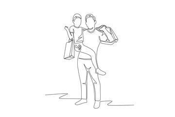 Father and son shopping. Shopping with family concept one-line drawing