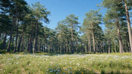 A lush green meadow with tall pine trees in the background.