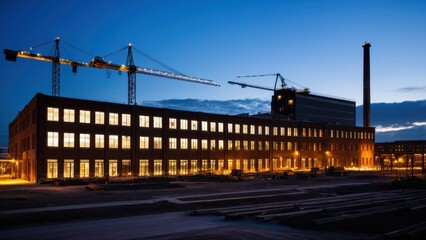 Industrial building under reconstruction at dusk, illuminated by lights, with cranes and a chimney in the background. Ideal for themes of urban development, construction, and industrial renewal.