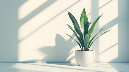 A snake plant in a white ceramic pot set against a pure white background, highlighting dramatic shadow play and sunlight streaks, creating a modern and zen atmosphere.