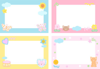 Pastel frame with cat, butterfly, flowers, sun, cloud, cake, heart for polaroid frame, banner, print, pet, rescue animal, vet, ad template, social media, post card, name tag, nature, garden, summer