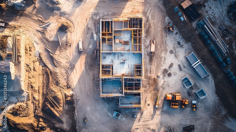 Aufkleber a construction site with a large building in the middle. the building is being built and there are m