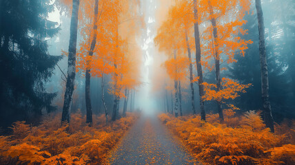 Foggy Autumn Forest with a Serene Footpath Amidst High Trees and Yellow Leaves