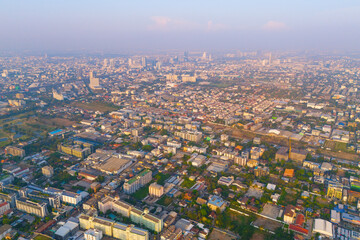 Sukhumvit district buildings the distance multi-story skyscrapers, contrast to metropolis city district in panoramic aerial view