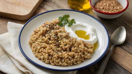 A hearty plate of Majrashah made from coarsely ground wheat or barley, drizzled with olive oil and accompanied by labneh or yogurt for a simple, rustic meal.







