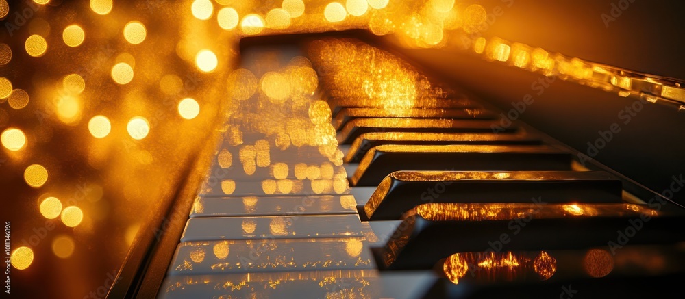 Poster close-up of piano keys with golden bokeh lights in the background.
