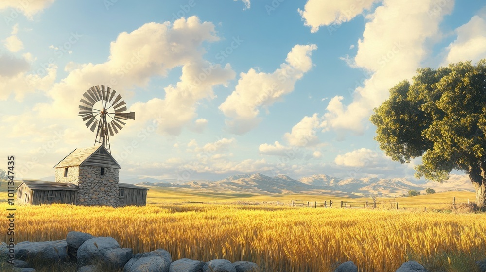 Poster a rustic windmill stands tall in a field of golden wheat, with a large tree and distant mountains in